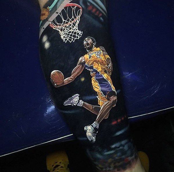 A dynamic tattoo of Kobe Bryant in mid-air, performing a dunk in his Lakers jersey with number 24, captured in vibrant, realistic detail.
