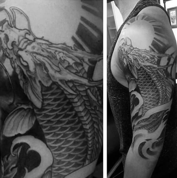 Mens Koi Dragon Negative Space Half Sleeve Rising Sun Japanese Tattoos