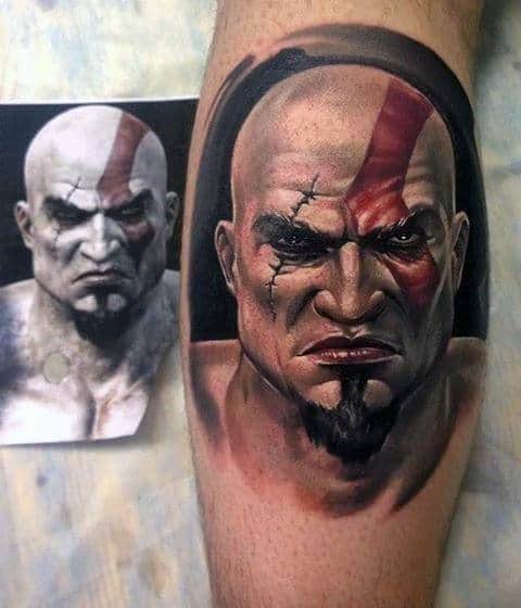 Mens Kratos Creative Leg Calf Portrait Tattoo