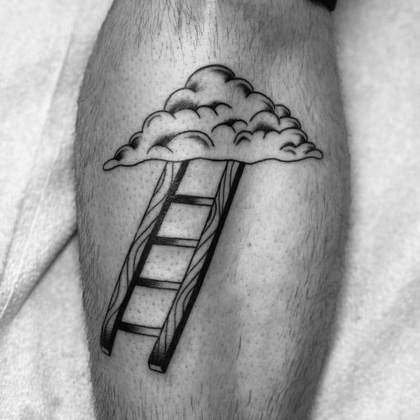 Bold tattoo of a ladder ascending into clouds, symbolizing reaching dreams, perfect for men's calves or forearms.