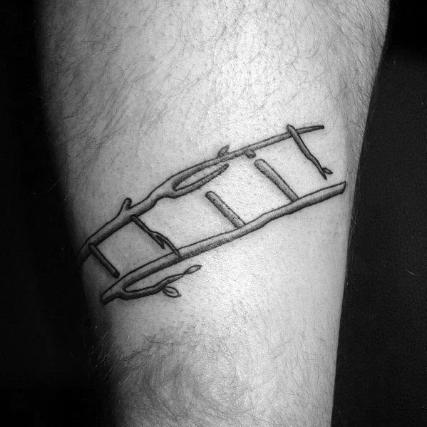 Simple tattoo of a ladder made from branches, symbolizing natural growth, ideal for men's arms or calves.