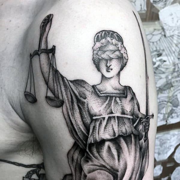 Mens Lady Justice Dotwork Arm Tattoo Ideas