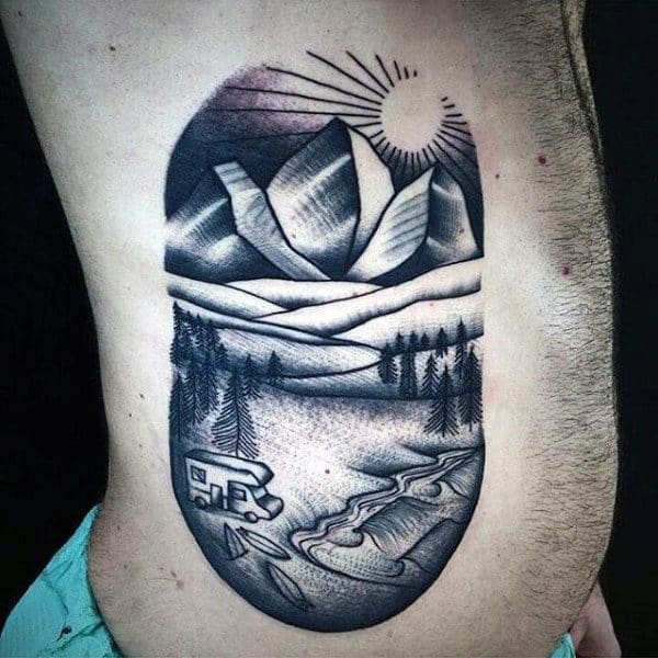 Mens Landscape Outdoors Rib Cage Side Dotwork Tattoo