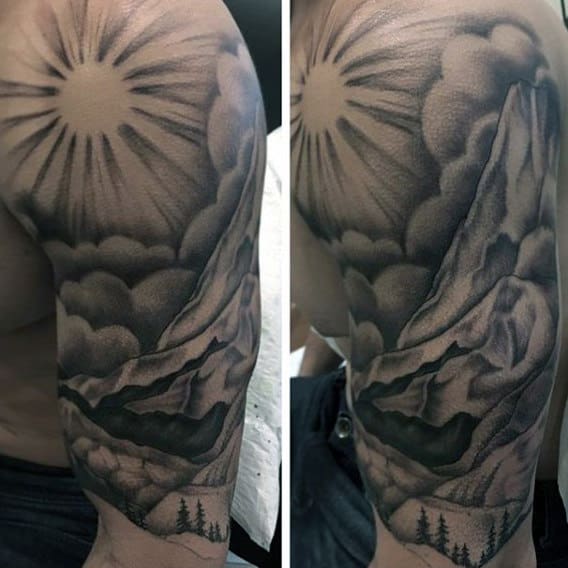 Mens Landscape Sun Rays With Mountains Half Sleeve Tattoos
