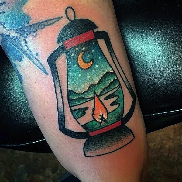 Mens Lantern Campfire Nature Traditional Old Schol Small Arm Tattoo