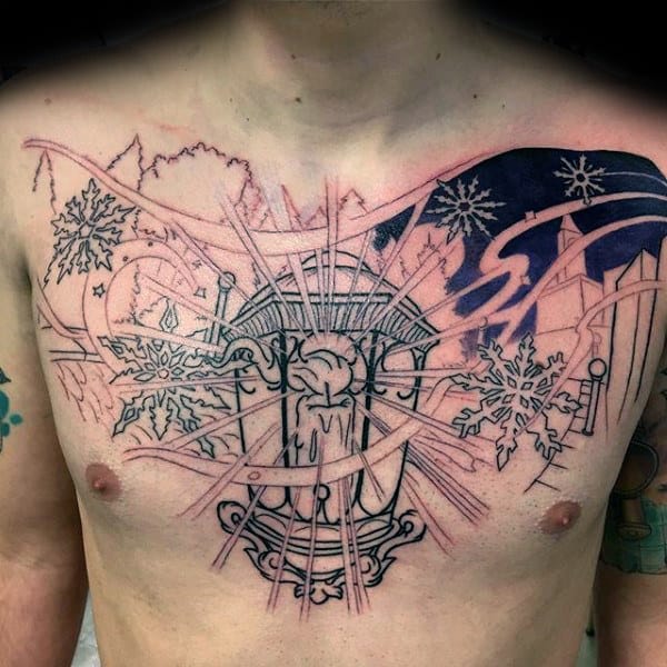 Mens Lantern Snowflakes Chest Tattoos