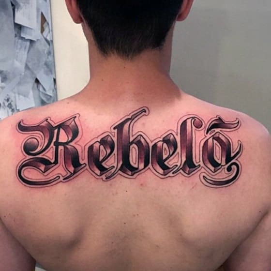 Mens Last Name Rebelo Old English Upper Back Tattoo Designs