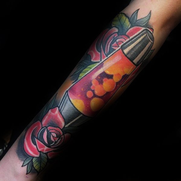 Vivid lava lamp tattoo featuring glowing orange wax and bold red roses, perfect for men's stylish tattoo ideas.