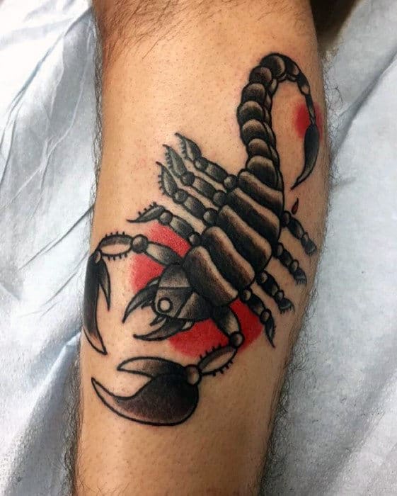 Mens Leg Black And Red Ink Traditional Scorpion Tattoo Design Ideas