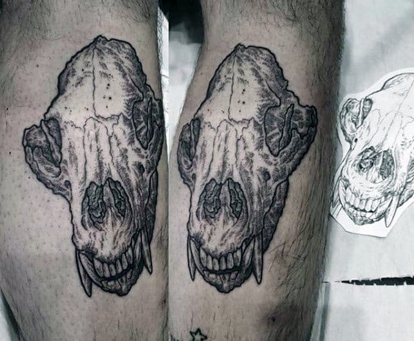 Mens Leg Calf Detailed Bear Skull Tattoo Designs