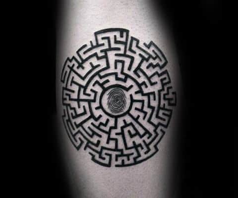 Mens Leg Calf Fingerprint With Maze Tattoo Ideas
