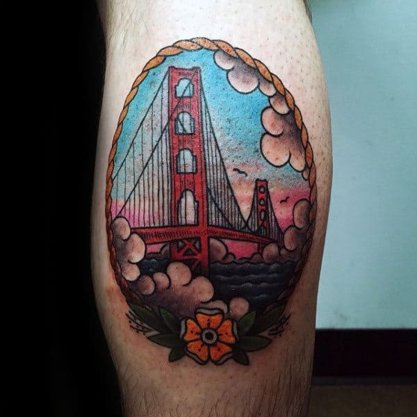 Mens Leg Calf Golden Gate Bridge Old School Tattoo Designs