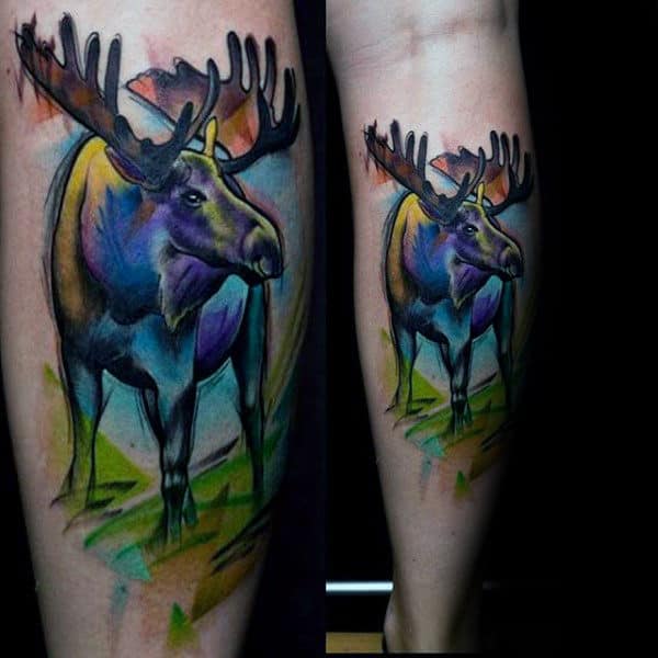 Mens Leg Calf Moose Watercolor Tattoos