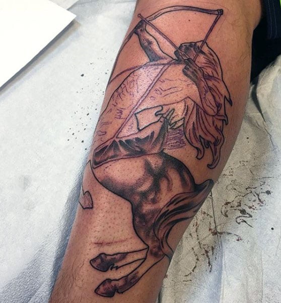 Mens Leg Calf Sagittarius Tattoo