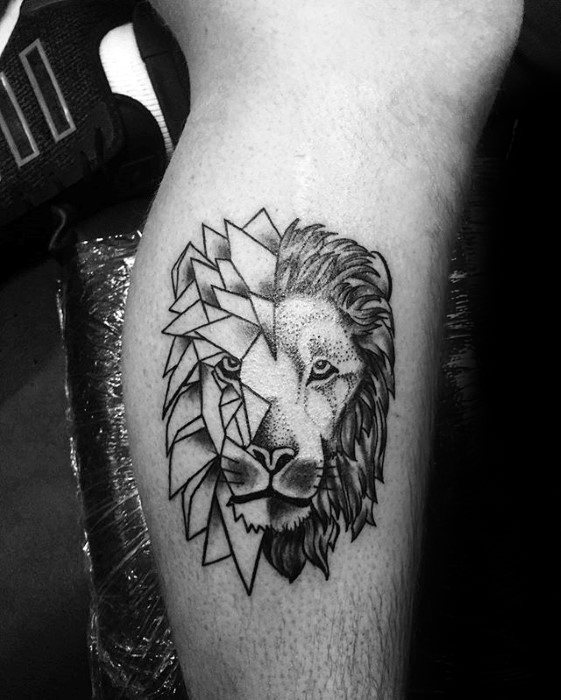 Mens Leg Calf Tattoo Ideas With Geometric Lion Design