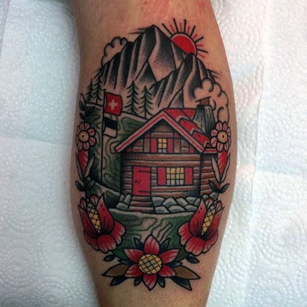 Mens Leg Calf Traditional Cabin Tattoo Design Ideas