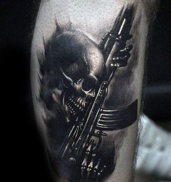 Mens Leg Different Skeleton With Rifle Ak 47 Leg Tattoo