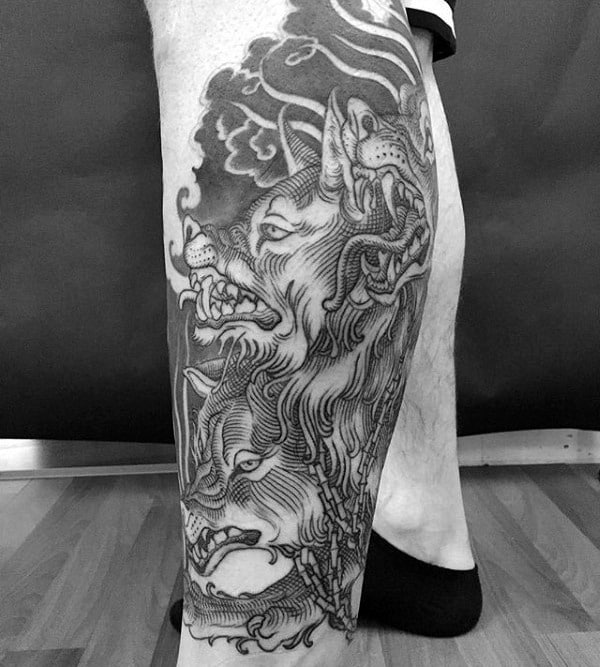 Mens Leg Sleeve Cerberus Black Ink Tattoo Designs
