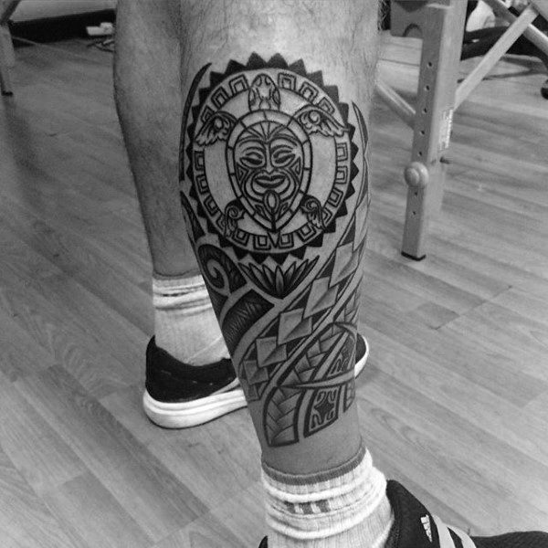 Mens Leg Sleeve Polynesian Turtle Tribal Tattoo Ideas