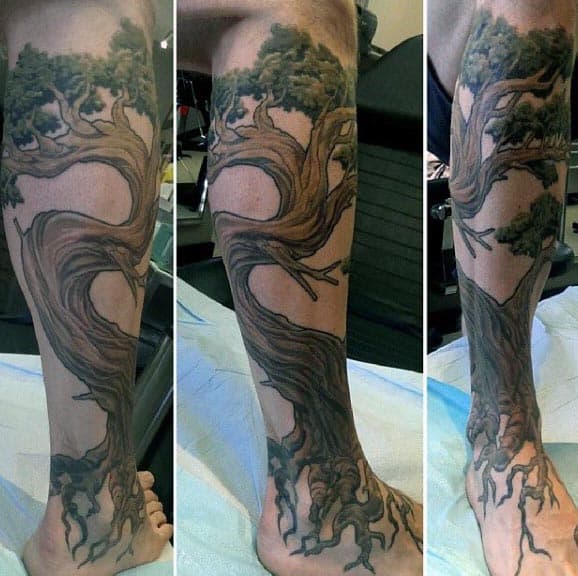 Mens Leg Sleeve Tattoo Of Bonsai Tree