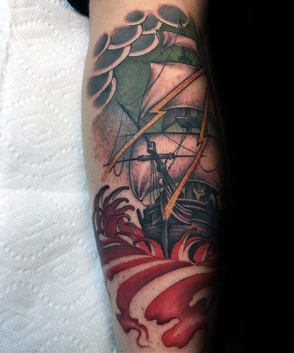 Mens Leg Tattoo Ideas With Thunderstorm And Ship Design