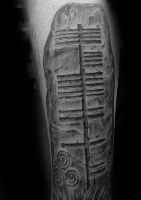 Mens Leg Tattoo Ogham Stone 3d Design