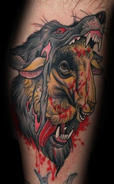 Mens Leg Tattoo Wolf In Sheeps Clothing Design