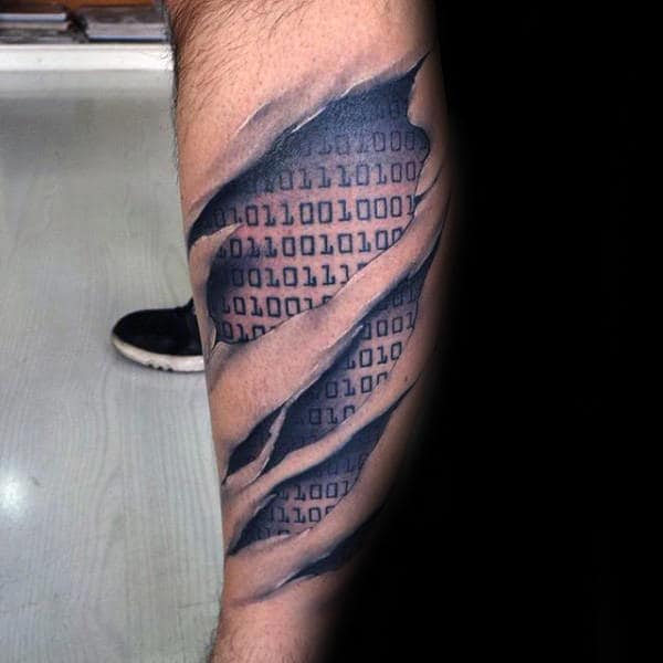 Mens Leg Torn Skin Binary Tattoos