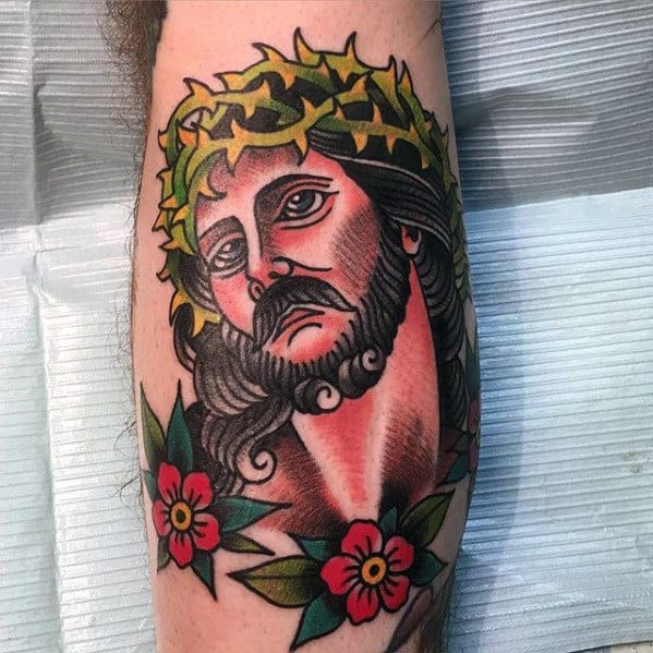 Mens Leg Traditional Jesus Portrait Tattoo Ideas