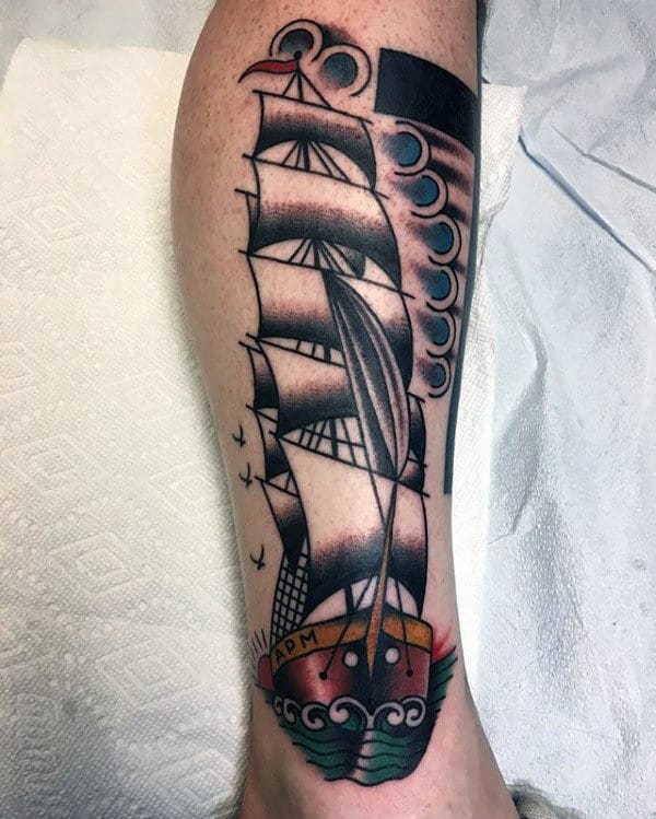 Mens Leg Traditional Ship Tattoo Design