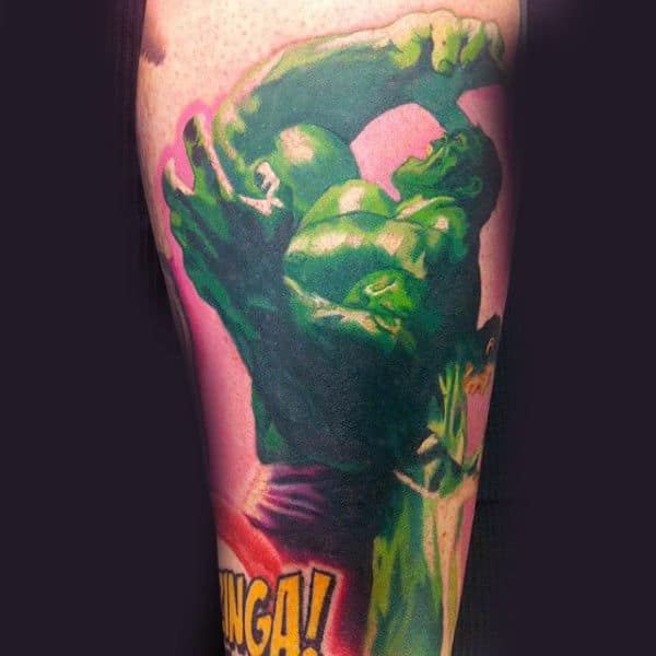 Mens Legs Brilliant Green Hulk Tattoo