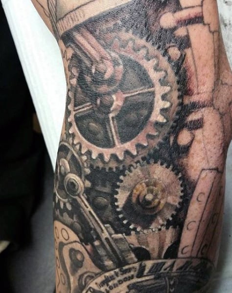 Mens Legs Circular Gear Steampunk Tattoos