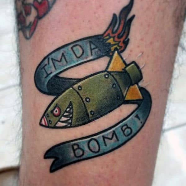 Mens Legs Cute Im The Bomb Green Fish Tattoo