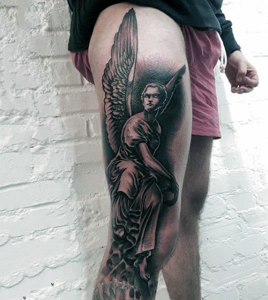Mens Legs Realistic Grey Guardian Angel Tattoo
