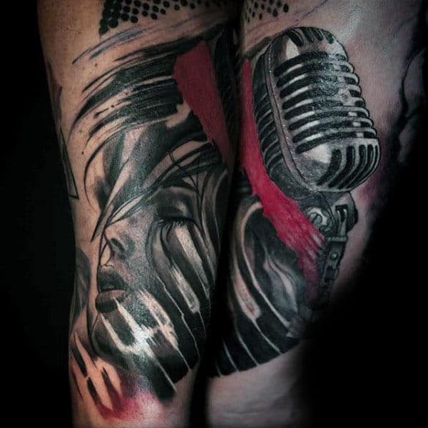 Mens Legs Sensual Lady Microphone With Red Streak Tattoo