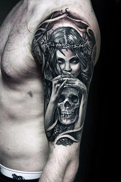 Mens Life Death Female Angel Holding Skull Half Sleeve Tattoo Design Ideas