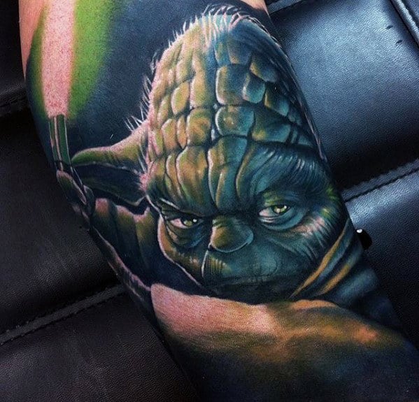 Mens Light Saber 3d Realistic Yoda Sleeve Tattoos