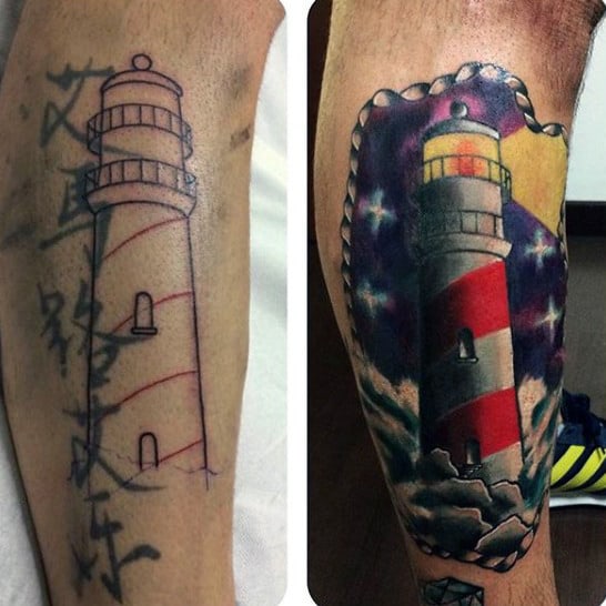 Mens Lighthouse Cover Up Tattoo In Color