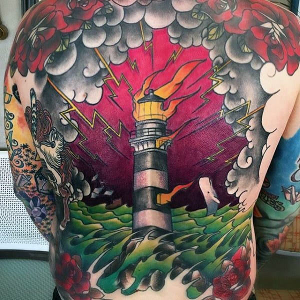 Mens Lighthouse Lighting Traditional Back Tattoos