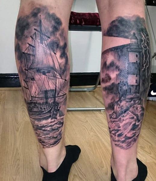 Mens Lighthouse Tattoo Designs On Back Of Legs