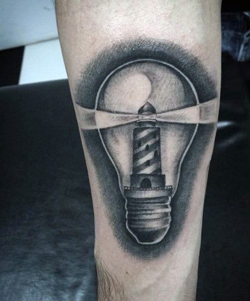 Mens Lighthouse Tattoo Inside Of A Lightbulb