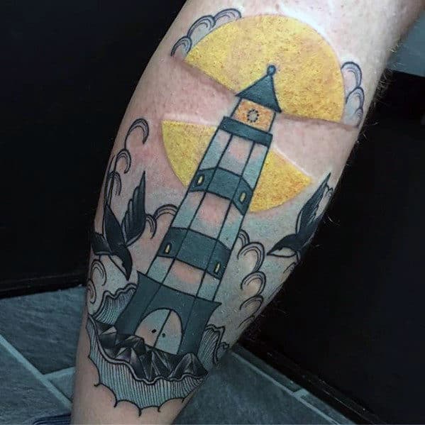 Tattoo of a lighthouse with swallows flying around it and a yellow sun in the background