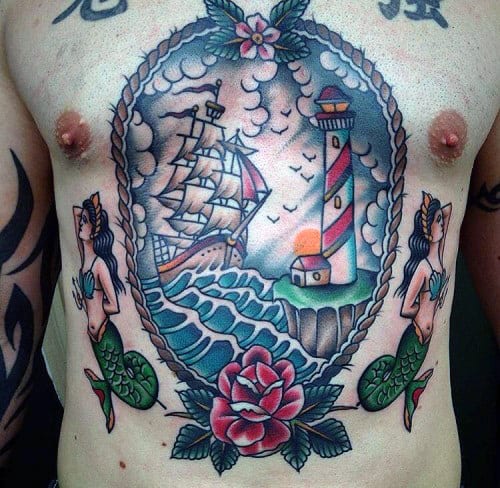 Mens Lighthouse With Sailing Ship Male Traditional Chest Tattoo Designs