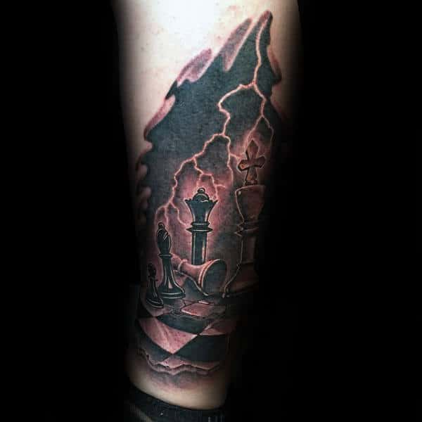 Mens Lighting Striking King Chess Piece Lower Leg Tattoo