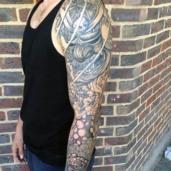 Mens Line Work Black Samurai Mask Full Sleeve Tattoo