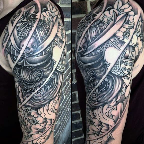 Mens Line Work Black Samurai Mask Half Sleeve Tattoo