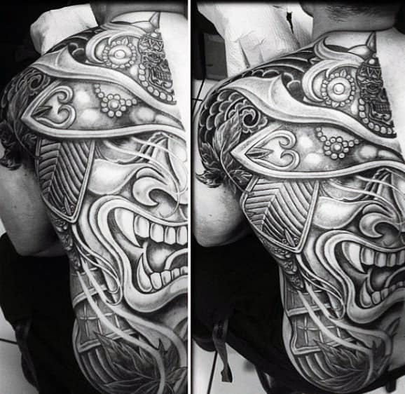 Mens Linework Bold Samurai Mask Half Back Tattoo