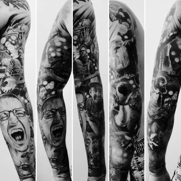 Full-sleeve black and gray tattoo tribute to Linkin Park, featuring Chester Bennington, live performances, and iconic band imagery.