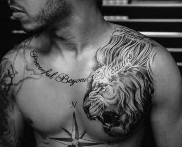 Mens Lion And Words Collar Bone Tattoos