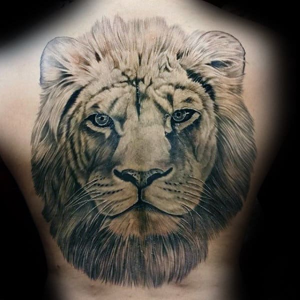 Mens Lion Head Back Tattoo